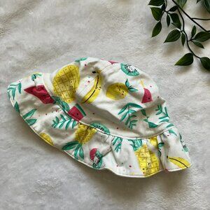 Baby Sun Hat 3-12M Reversible White Fruit Print Teal Stripe Chin Strap GUC